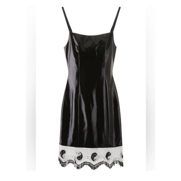 NWT Staud Joan Faux Patent Leather Mini Dress w/ Beaded Hem Yin Yang Sz 6 - Picture 3 of 10